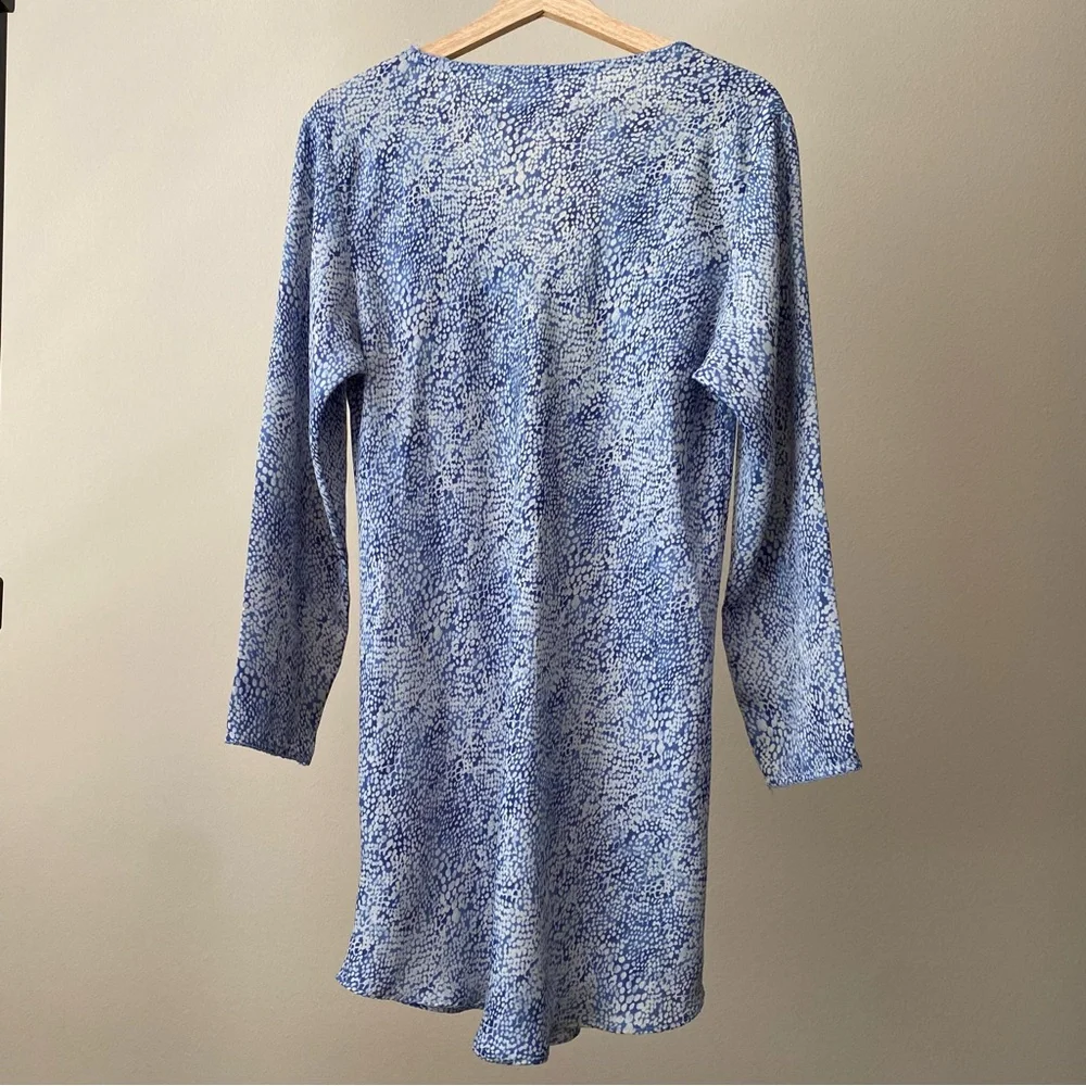 Natori Josie V Neck Long Sleeve Tunic Mini Dress Snake Animal Print Medium Blue
